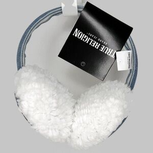 True Religion White Sherpa Ear Muffs with Blue Denim-Trim